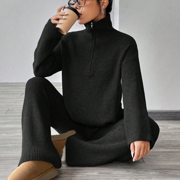 Drop Shoulder Zipper Half Placket Sweater And Knit Pants Set